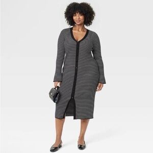 A New Day Black White Stripe Ribbed Midi Dress Button Front Bell Sleeves XXL New